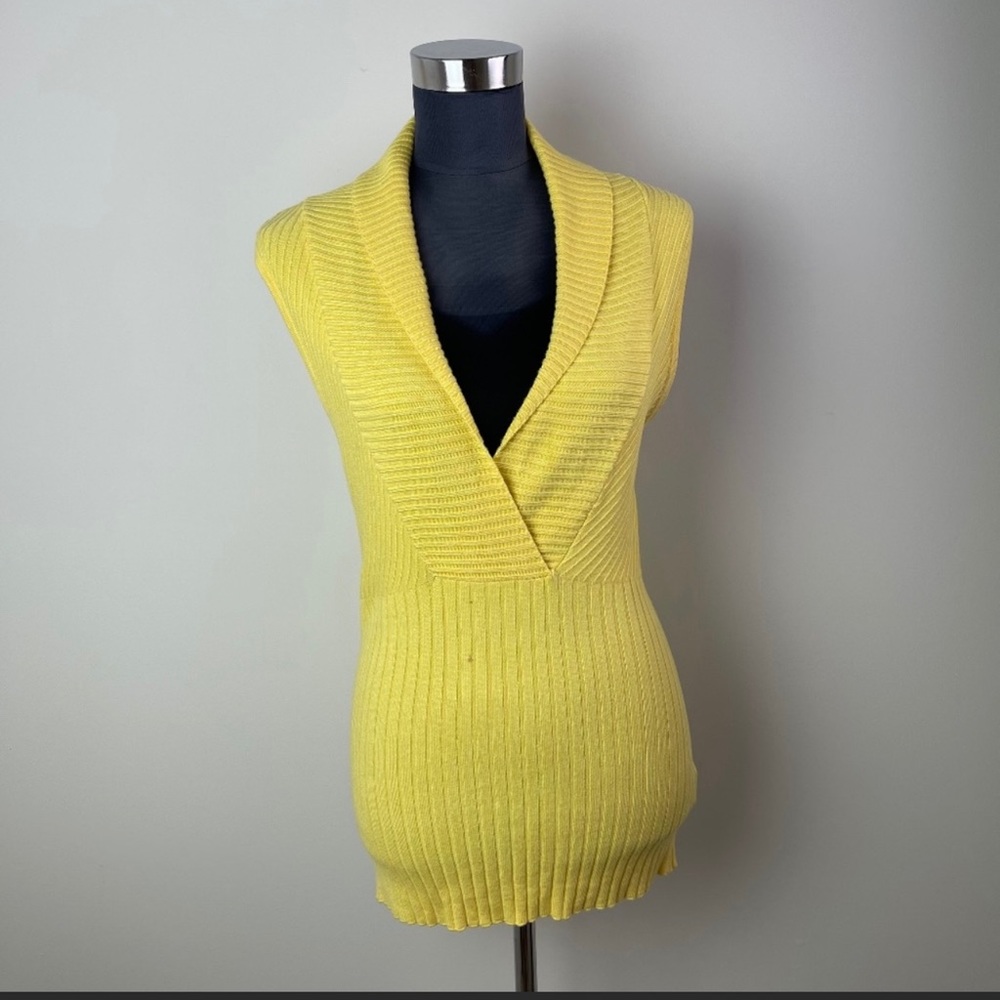 Yellow Rib-Knit Sleeveless V-Neck Sweater Blouse